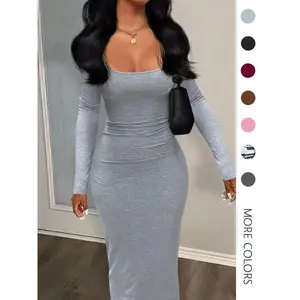 Women's Sexy Plain U Neck Long Sleeve Bodycon Dress, Minimalist Solid Tight Sleeve Long Dress for Fall, Ladies Clothes for FallGift