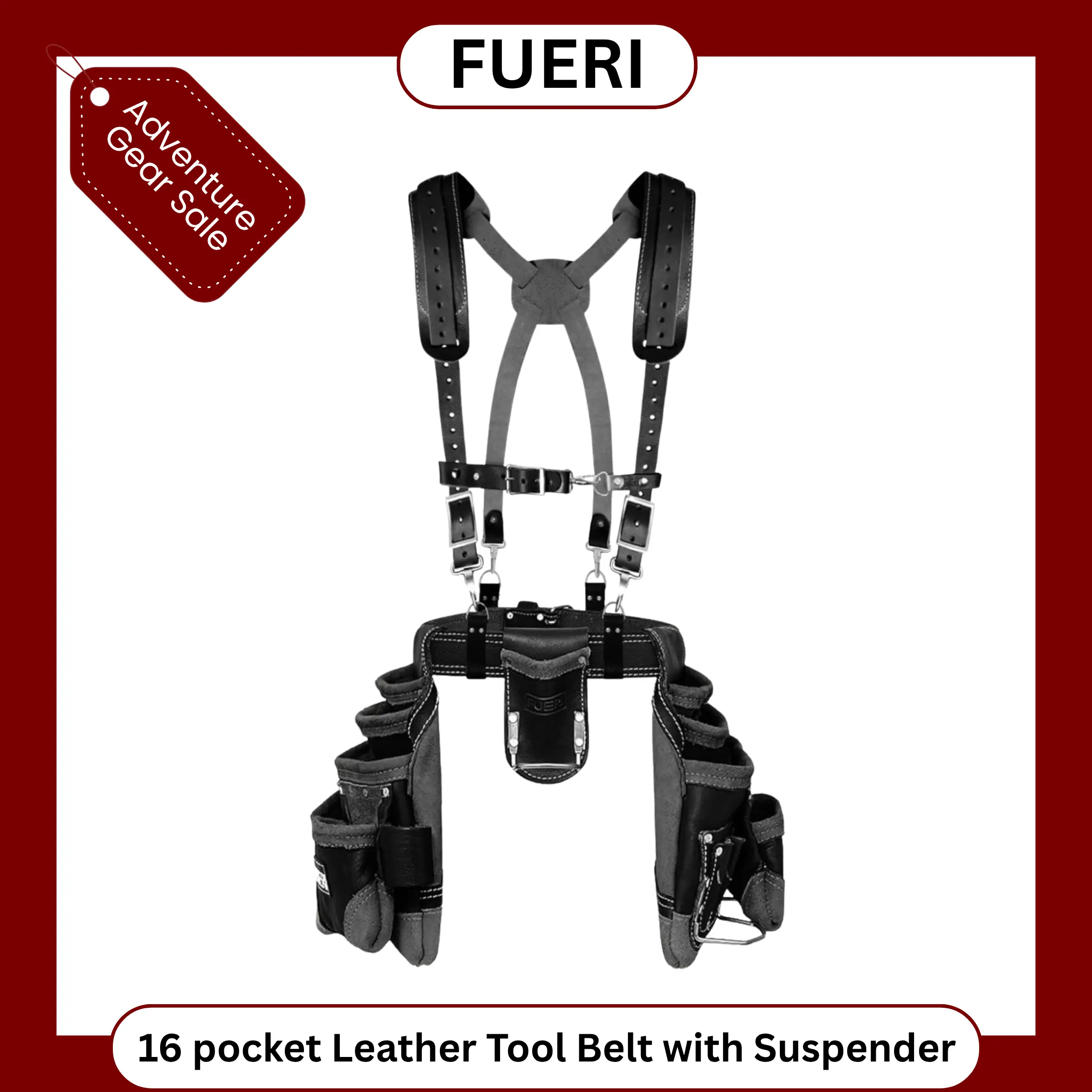 FUERI 16 Pocket Leather Tool Belt with Suspenders,Comes with Padded Belt, Big Pouches, Hammer Holder,Suspender loops and Leather Suspender, Ideal for Construction Workers, Carpenters and Electrician.