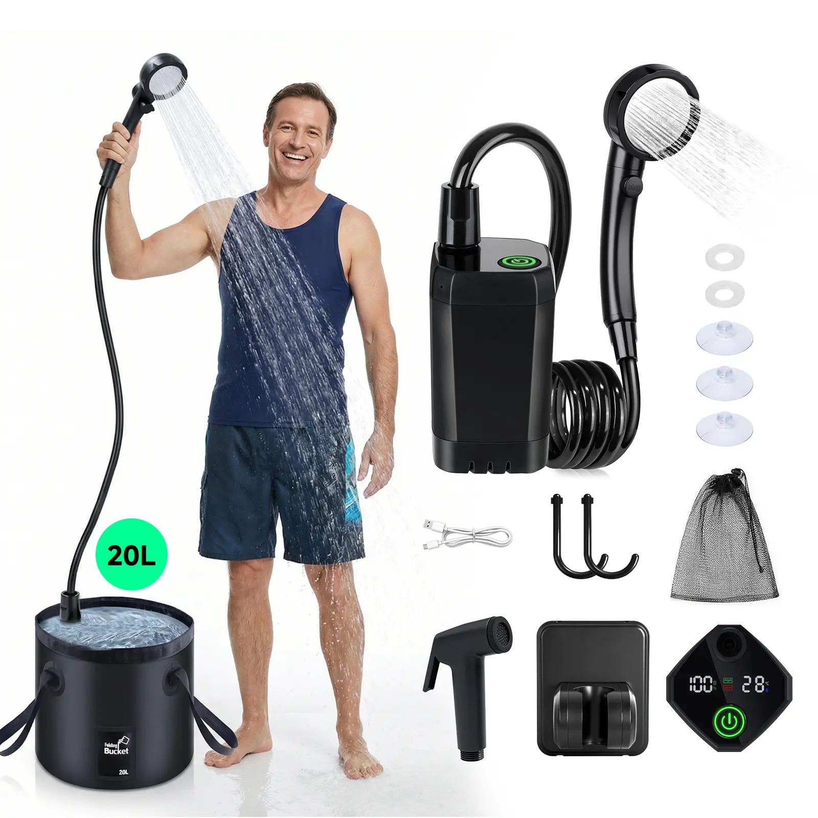 Senmeo Compact Portable Outdoor Camping Shower - Black Camping Equipment with 6000mAh USB Rechargeable Pump, Hiking & Travel Accessory for Beach, Pet Bathing, Camping Gear, Travel Accessories