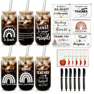 ANOTION Graduation Gift Bulk Appreciation Gifts for Teacher – 4/6-Pack “TEACHER” Glass Cups with Lids and Straws, Makeup Bags, Pens & Thank You Cards –  Gifts for Teachers from Students or Parents