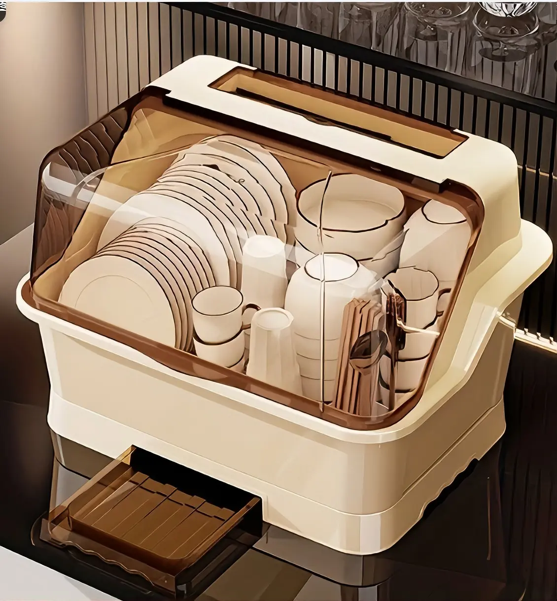 Dishwasher Rack with Transparent Cover and Storage Drawer for Efficient Dish Organization and Protection