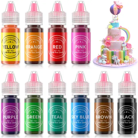 Nata Bake Food Grade Edible Liquid Coloring Set (10 x 0.25oz/6ml Bottles, 10 Colors) - Teal, Brown, Edible Food Dye, Baking Supplies, Gluten-Free, Sugar-Free, Halal Safe, Unflavored, Halloween Cake Fondant Decorating Kit for All Ages