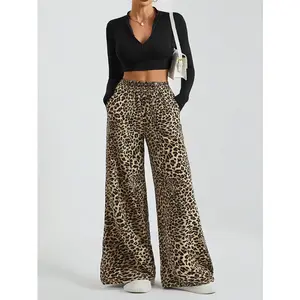 Women's retro leopard print wide leg pants, loose high waisted pants, casual streetwear pants, all season golden fabric, women's casual fashionRAIMENTRY