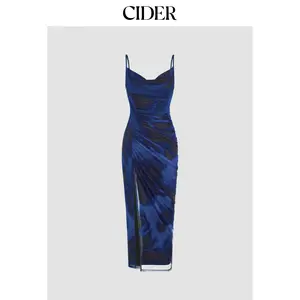 Cider [3 colors, size 0-10] Mesh Cowl Neck Ruched Split Midi Dress