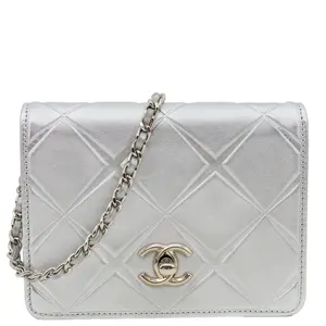 Pre-owned CHANEL Leather Crossbody Bags Propeller Flap Mini Metallic Calfskin Crossbody Bag Silver