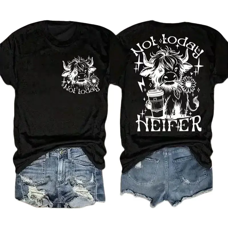 Women's "Not Today Heifer" Cotton T-Shirt, Cute Short Sleeve Top with Funny Western Highland Cow Graphic, Casual Double-Sided Print, Shortsleeve, Tshirt, Round Neck