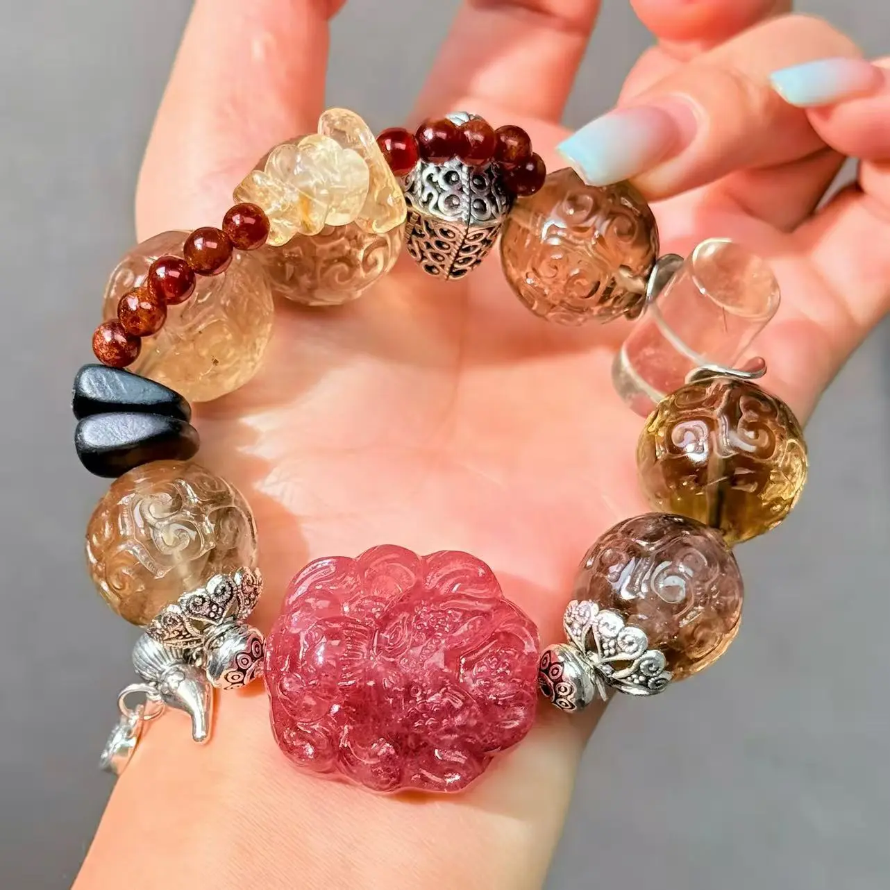 016 Smoky Quartz Strawberry Quartz Garnet Bracelet Energy High Quality Fashion Jewelry Feng Shui Bead Bracelet Gift