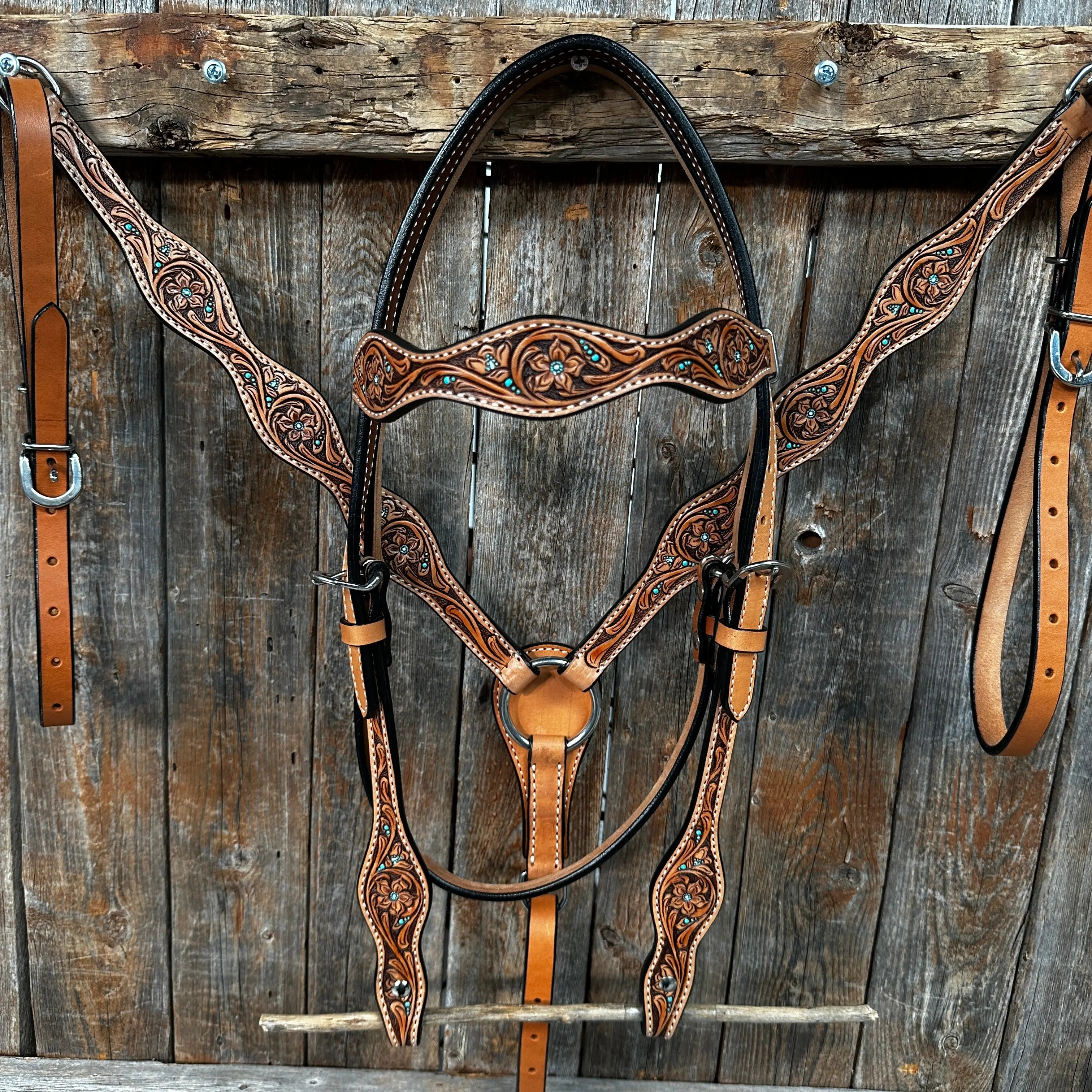 Light Oil Teal Dot and Floral Browband / One Ear Headstall and Breastcollar Tack Sets