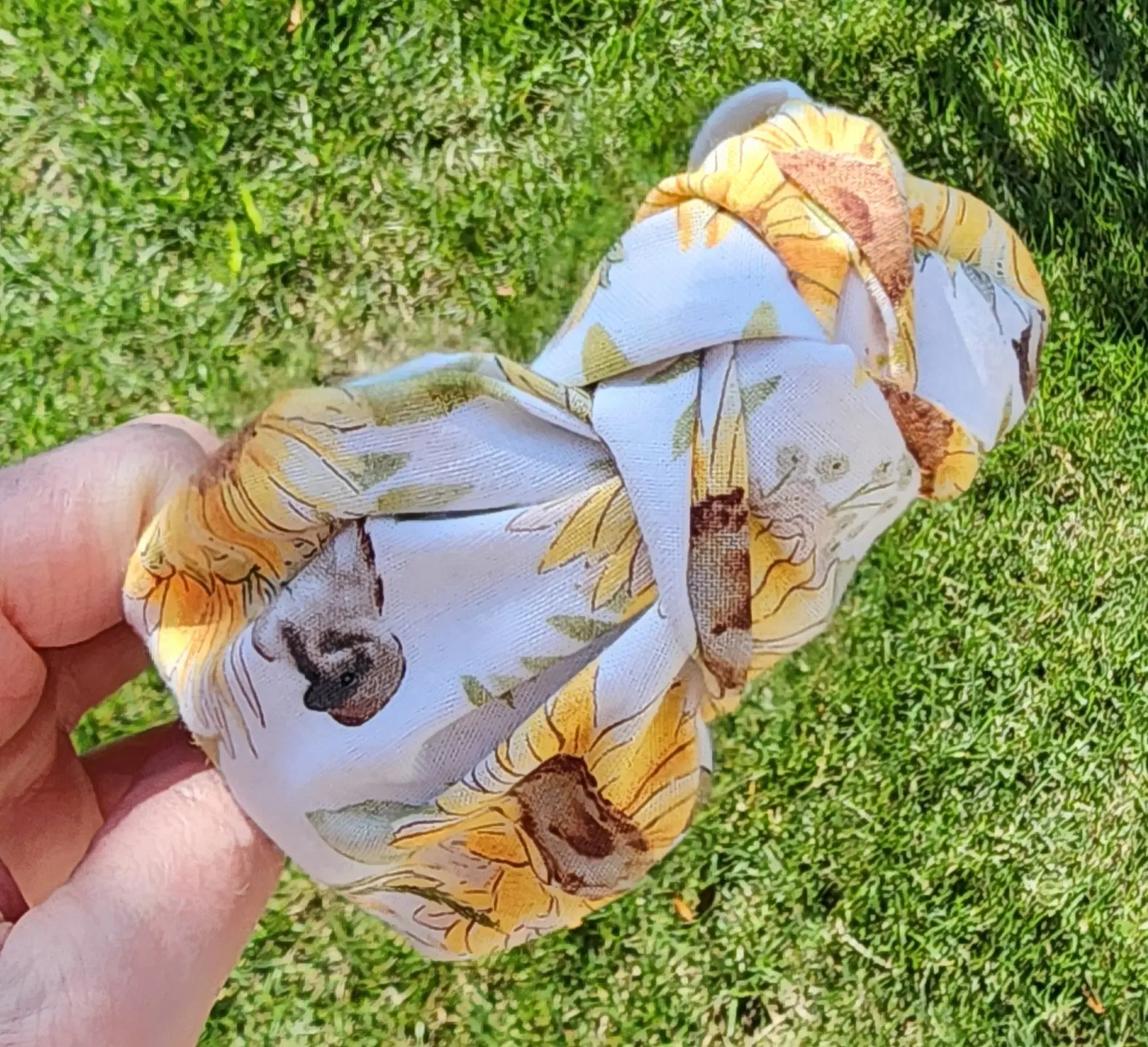 Sunflower Bird Print Knotted Headband – Handmade Fabric Hair Accessory