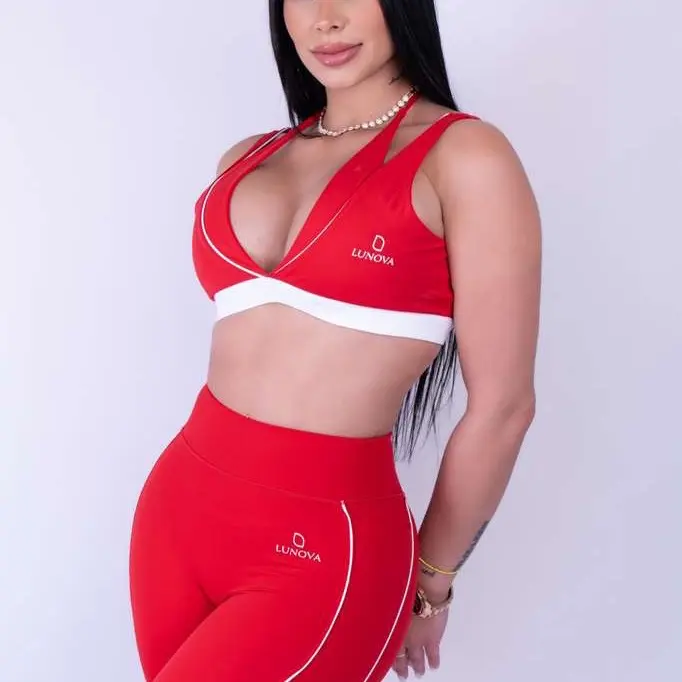 LUNOVA Red Sports Bra & High-Waist Leggings Set for Women - Comfortable & Stylish Fitness Outfit