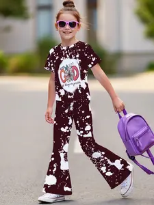 Deep & Ink Blot Print Short Sleeve Top & Bell Pants Set, Casual Comfortable, All over Print, Women's Clothing