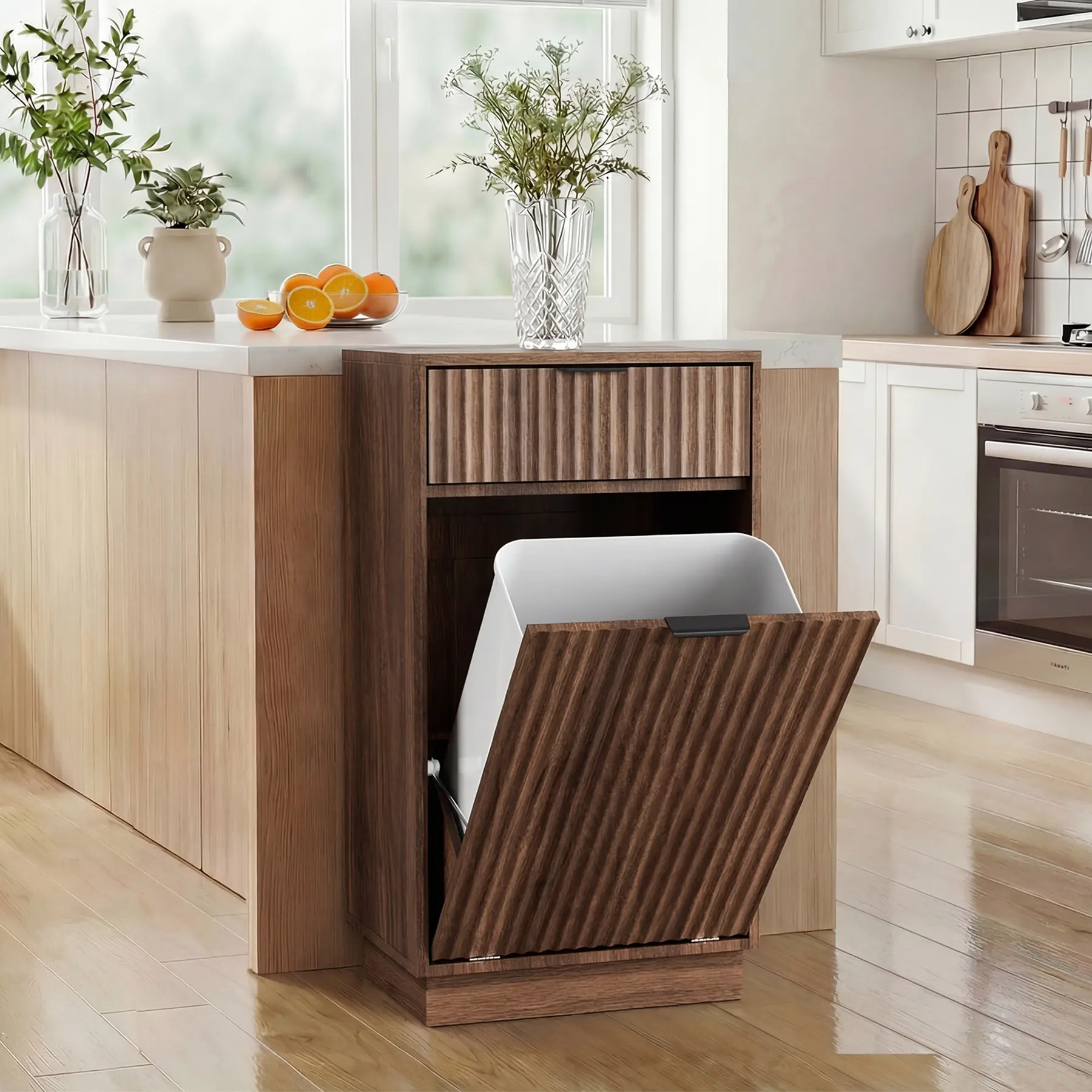 Oakault Sturdy Hidden Trash Can Cabinet - 10-Gal Capacity, Wave-Textured Storage Drawers, Laundry Hamper Cabinet, Home Goods, Clean Look Apartment Accessory (Walnut)