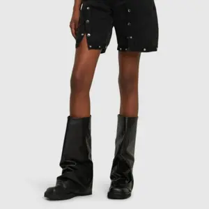 Women's Fold Over Knee High Boots Wide Calf Chunky Low Heel Boots Coverd Slouched Leather Casual Round Toe Pull On Platform Boots