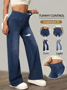 Women's High Waisted Long Elastic Denim Dark Wash Wide Leg Pants, Slim Fit Straight Leg Jeans, Comfortable Stretch Waist, Casual Daily Wear, Everyday