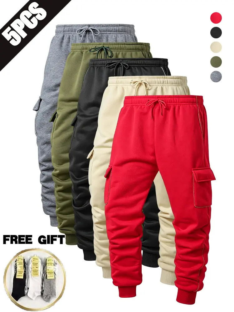 5PCS men’s cargo sweatpants for spring/autumn and winter—thick outer layer, thin fleece lining; solid color basic design with elastic waistband and drawstring, multiple pockets, tapered cuffs; suitable for hiking, camping, running, gym workouts, and casua