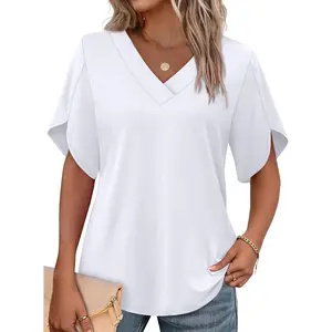 WIHOLL FASHION Womens Summer Tops Short Petal Sleeve Shirts Fashion V Neck Outfits Clothes Blouse Casual