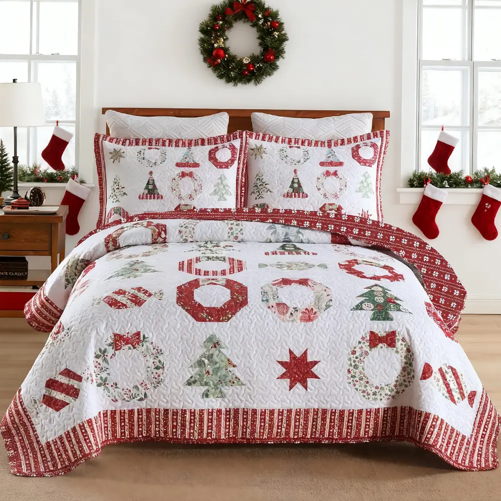 Queen Size Decorative Bedding Set - 3-Piece Flat Weave Candy Christmas Quilt Set with Breathable Soft Cozy Quilted Bedspread, Pillow Shams for Cozy Festive Bedroom Style & Festive Look