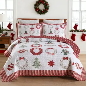 Queen Size Festive Flat Weave 3-Piece Candy Christmas Quilt Decorative Bedding Set - Includes Quilt & Pillow Shams