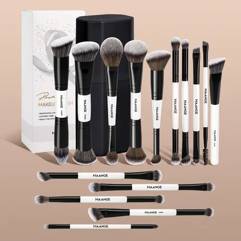 MAANGE 15pcs Double-Ended Synthetic Makeup Brushes Set with Storage Case, Cosmetic Brushes, Makeup Brush, Foundation Brush Loose Powder Brush Blush Brush Contour Brush Concealer Brush Eyeshadow Brush, Gift for Women & Girls