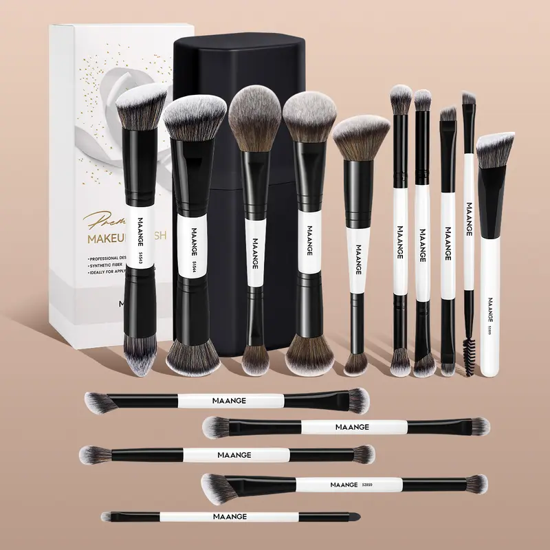 MAANGE 15pcs Double-Ended Synthetic Makeup Brushes Set with Storage Case, Cosmetic Brushes, Makeup Brush, Foundation Brush Loose Powder Brush Blush Brush Contour Brush Concealer Brush Eyeshadow Brush, Gift for Women & Girls