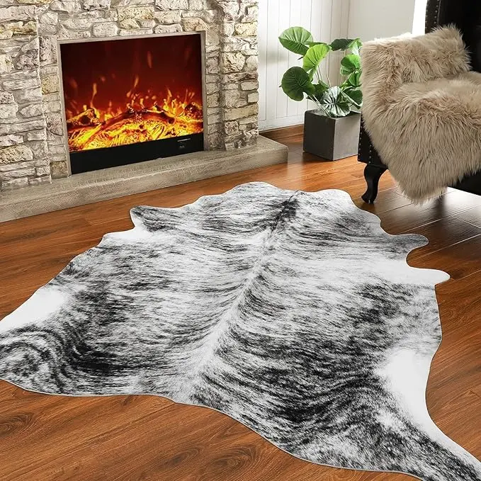 Rustic Faux Cowhide Rug - Low Pile, Durable Animal Print Carpet with Western Cow Texture, Washable TPR Backing, Steady Underfoot, Wipe Clean Fast for Family Use Bedroom & Living Room Decor