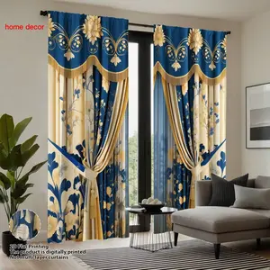 2pcs Blue Gold Contrast Floral Tassel Fabric Curtains, Home Decoration Curtain, Vintage Luxury Style Drapes for Living Room & Bedroom, Perfect for Christmas and New Year Decor
