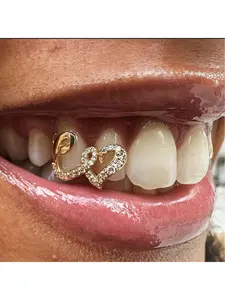 Double heart copper hip-hop dental braces, teeth decoration, unique trend tooth jewelry, personalized infinity symbol decoration, gold teeth, Tooth Gems, Heart Shaped Brackets
