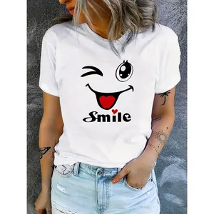 Lady's Micro-Elastic Y2K Round Neck Short Sleeve T-Shirt - Playful Cartoon Print, Tongue & Heart Eyes Graphic, Machine Washable Streetwear Casual Top, Shortsleeve, Women