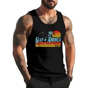 Style A H311 Retro Gulf Of USA America 2025 American Flag Gulf Mexico Tank Top , Summer Gym Muscle Sleeveless, Casual Knitted Slim Fit Beach Tank top Fabric Menswear