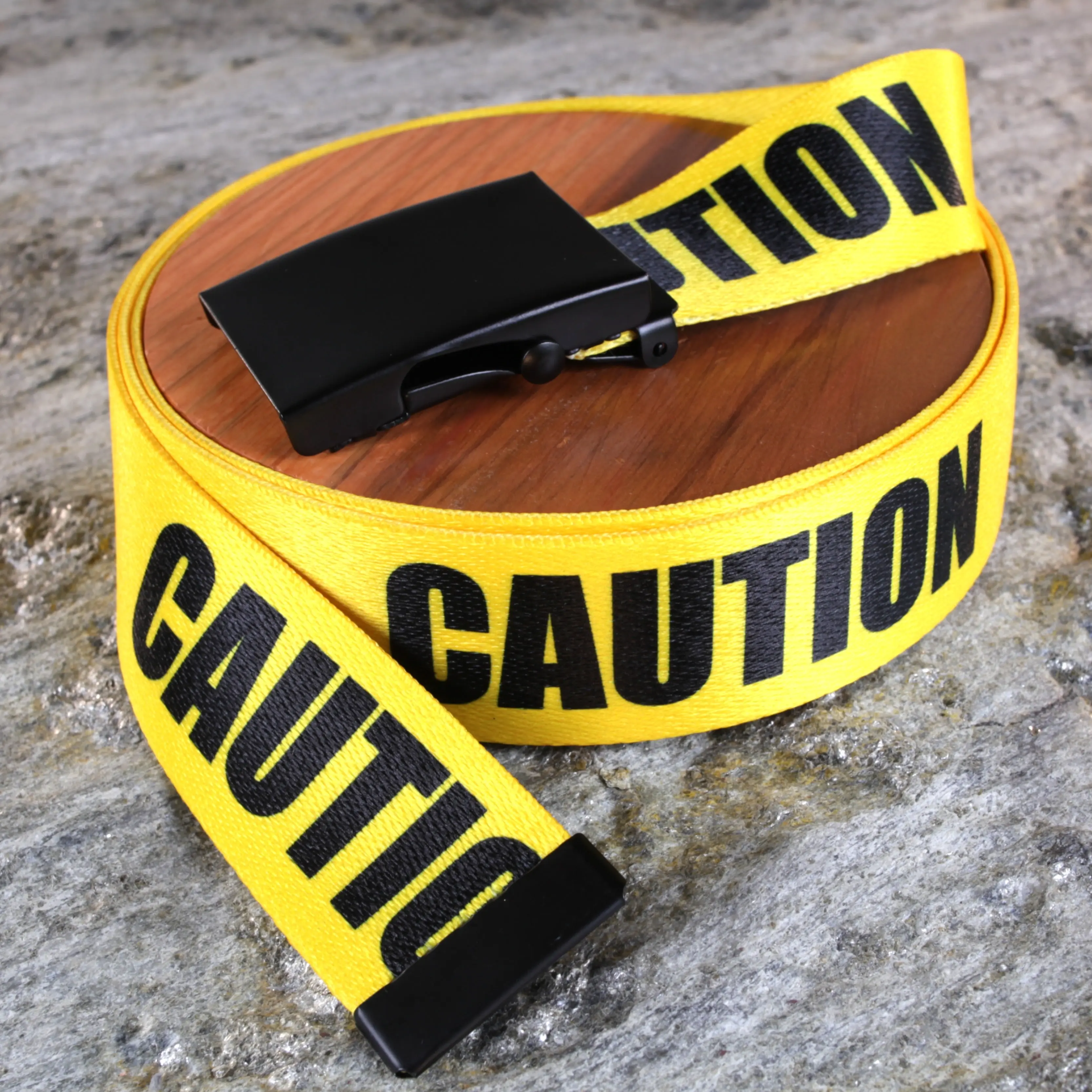 Men's Caution Tape Belt - Bold Look Polyester Webbing with Adjustable No-Hole Buckle, Multi-Size from Small to Plus, Wearable, Adjustable Buckle Men's Belts, Graphic, Bold Contrast, Caution Print, Slide Lock, Heavy Duty, Casual, Everyday Wearable