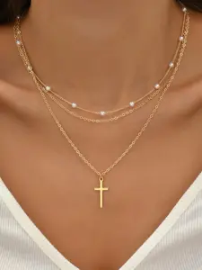 2pcs/set Women's Elegant Cross Pendant Necklace, Stainless Steel Chain Necklace, Faux Pearls Decor Layered Necklace, Fashion Accessories for Party, Daily Clothing Decor for Girl, Dainty Layering Jewelry