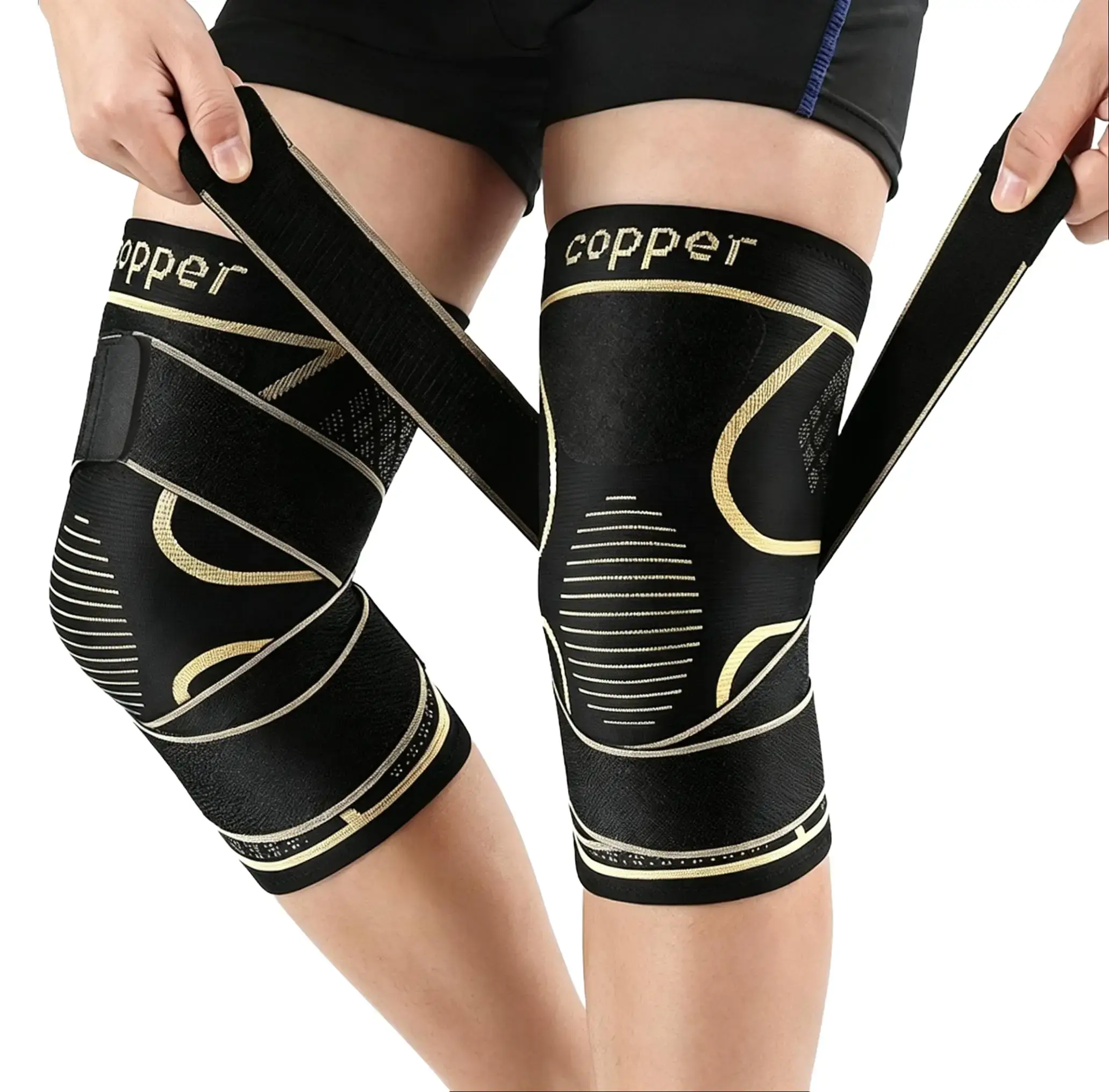 Copper-Infused Knee Brace with Adjustable Compression Straps, Elastane-Polyester Sporty Protective Gear - Professional Injury Prevention Support for Running, Basketball