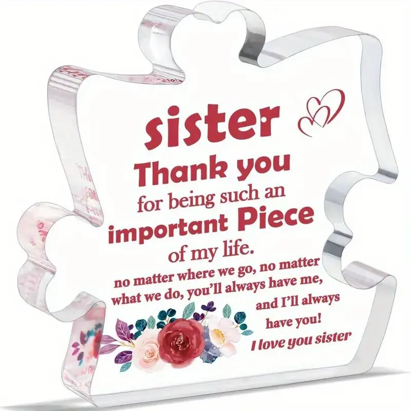 Engraved Acrylic Block Puzzle Plaque, 3.9x3.3 Inch Decorative Gift for Sisters, Perfect for Christmas & Graduation Celebrations, Heart Plaque