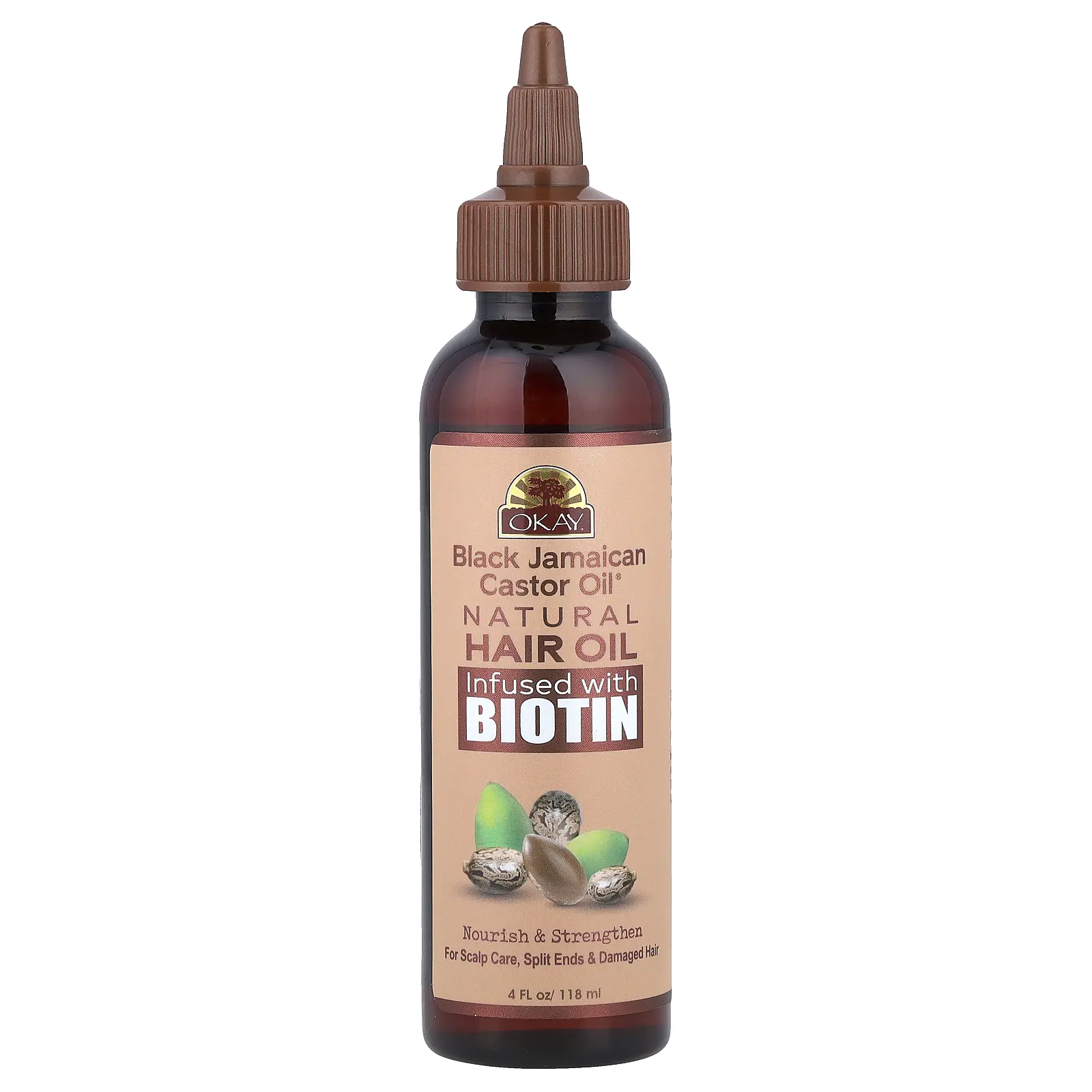 Okay Pure Naturals Black Jamaican Castor Oil®, Natural Hair Oil, Infused With Biotin, 4 fl oz (118 ml)