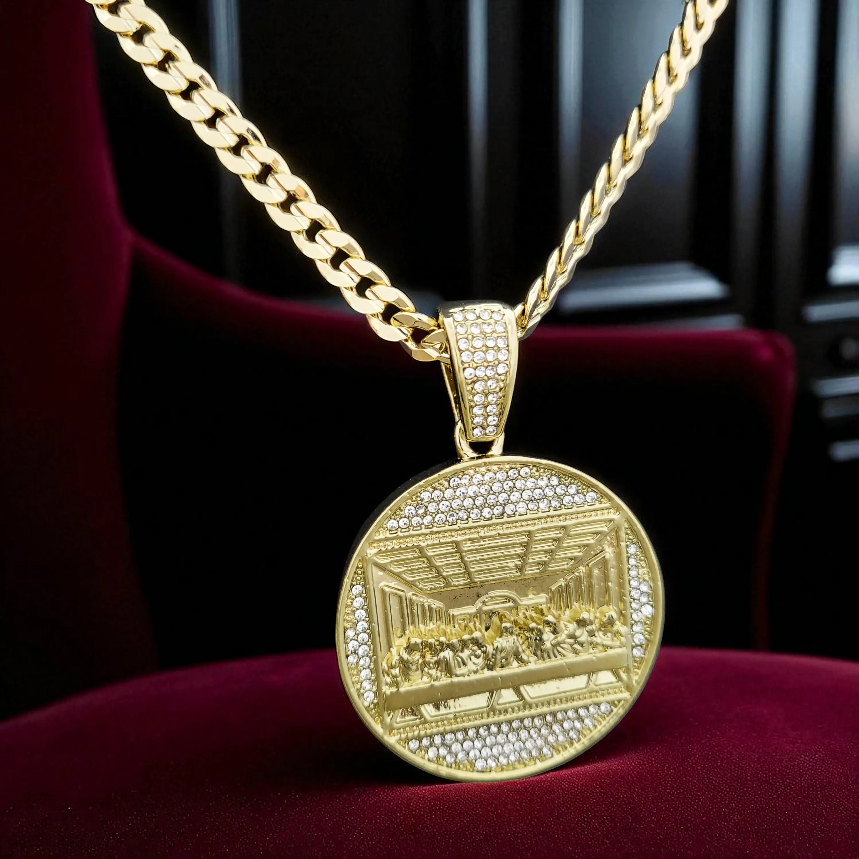 MaxBling81 Jesus Last Supper CZ Gold-Finished Spiritual Pendant Necklace with 14-stamped High-End Brass 6mm Cuban Chain (20in or 24in), Spiritual Jewelry, Hip Hop Outfits Faith-Fashion Daily Wear