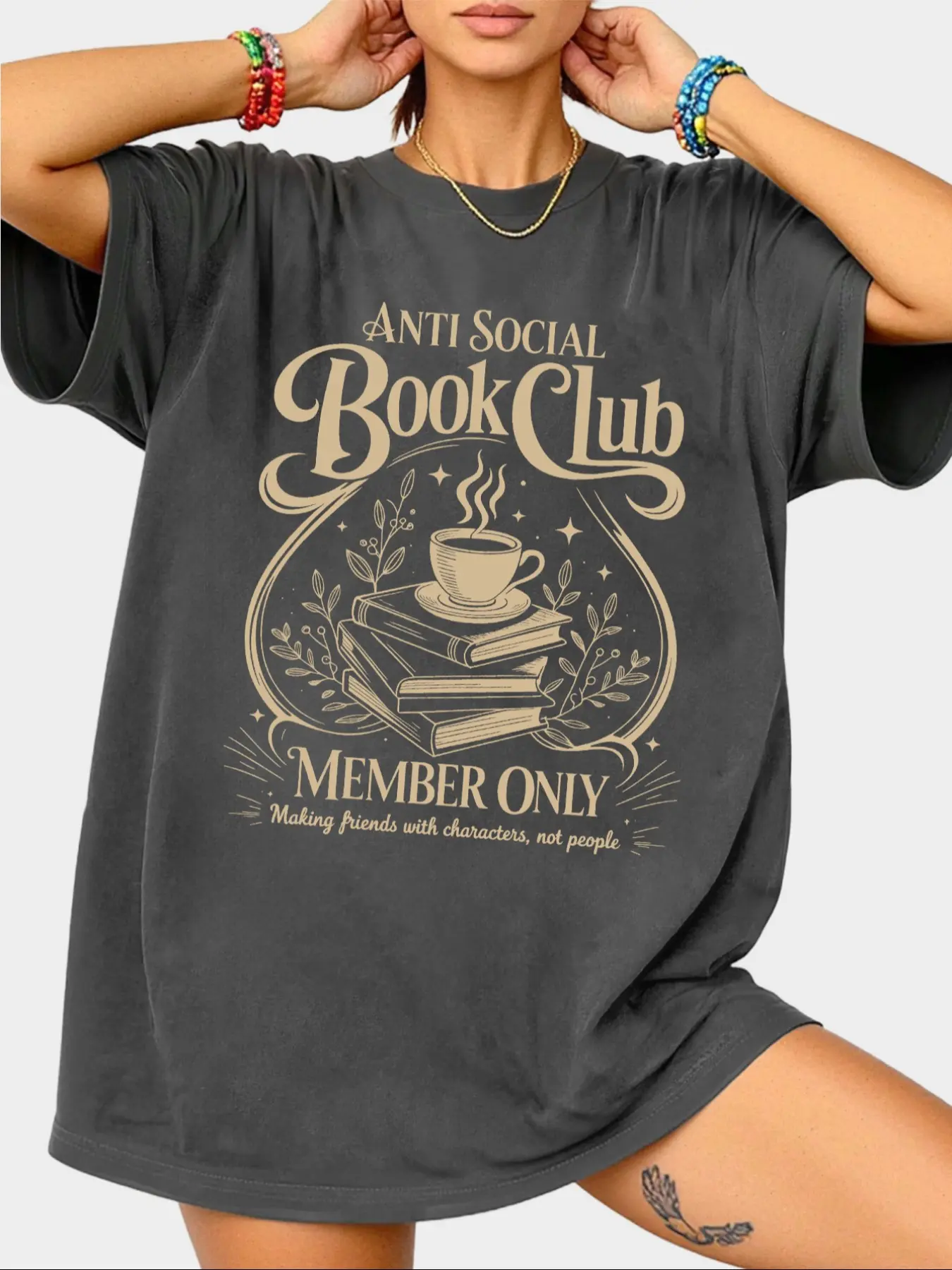 Women's "Anti-Social Book Club" Casual Fitted Graphic Plant Crewneck Lightweight Summer T-shirt, Casual Tee, Casual Crewneck Tops, essential for book lovers and enthusiasts, suitable for reading dates, casual outings