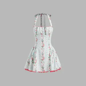 Cider [size 0-10] Linen-blend Halter Neckline Strawberry Floral Lace Up Ruffle Mini Dress