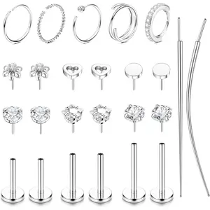 Threadless 14K Gold Plated Surgical Steel CZ Nose Rings Studs Hoops - Hypoallergenic Push-in Flat Back Nose Ear Cartilage Piercing Jewelry for Women Men