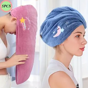5-Piece Magic Microfiber Hair Drying Towels, Quick-Drying Water Absorbent Bath Buttoned Caps/Turbans, Soft Polyester Material with Button Closure, Multiple Color Options for Leisure & Indoor Recreation, Buttoned Cap