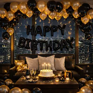 Black Gold Happy Birthday Balloon Decoration Set, Birthday Room Decor with Foil Letter Balloons, Heart Balloons and Ceiling Party Balloons for Bedroom Surprise, Hotel Setup, Photo Backdrop and Celebration Decor