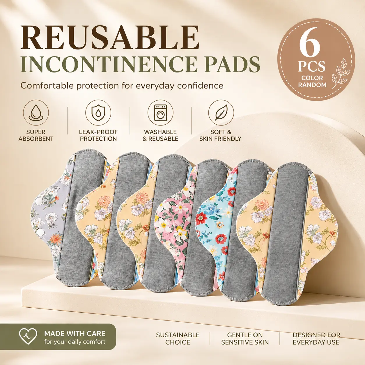 Women's 6PCS Reusable Graphene Incontinence Pad Pack - Gentle, Breathable, Antibacterial, Eco-Friendly, Moisture-Absorbent, Bladder Leak-Proof for Daily Use (Not for Menstrual Use)