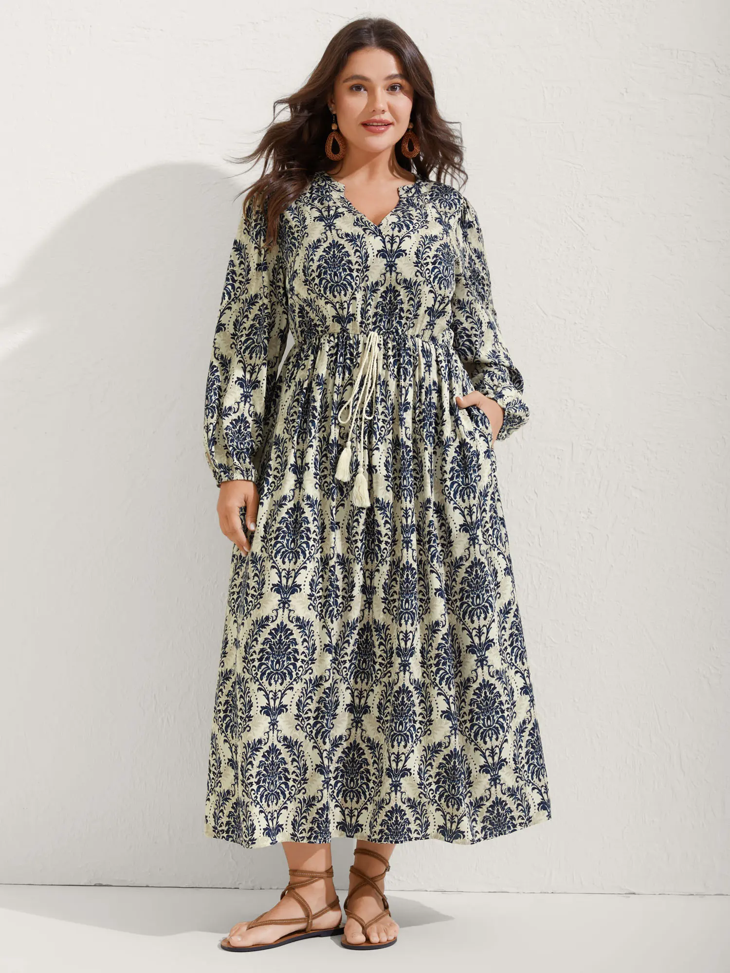 BLOOMCHIC Women's 100% Rayon Bohemian Cuffed Sleeve Casual Maxi Dress - Notched Neck, Tie-Knot, Pockets, Print, Flattering Fit, Smooth Fabric, Low Iron, Elastic Cuffs, Cold Wash, No Tumble Dry, 2026 Summer Mother's Day Pick, Dark Blue, Cuffed Sleeve Casua
