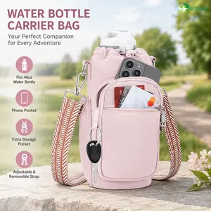 Water Bottle Carrier Bag with Strap, Water Bottle Purse with Phone Pocket 40oz for Walking Hiking