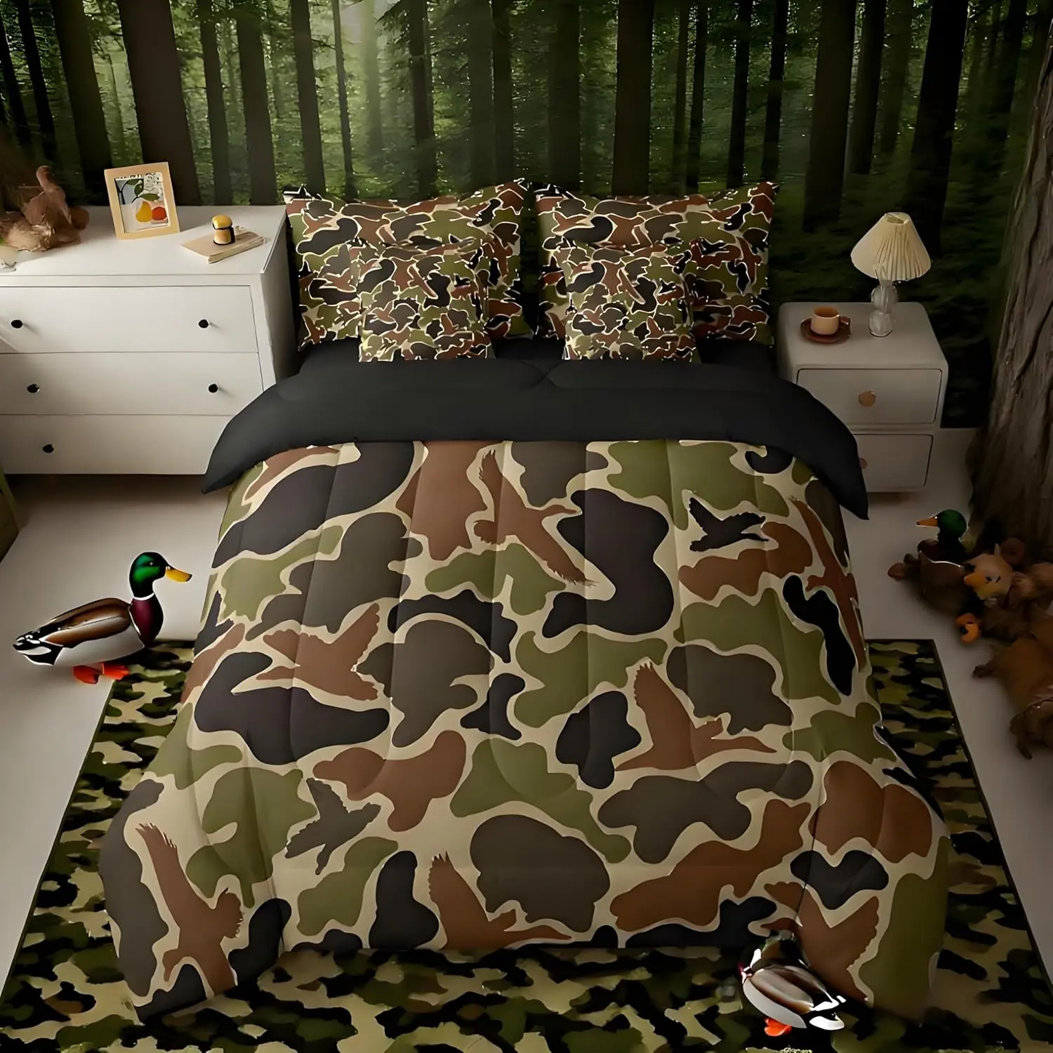 Feelyou 7-Piece Green Camo Microfiber Bedding Set - Queen All-Season Comforter Set, Dark Camo Duvet, Camouflage Fitted Sheet, Black Brown Pillowcase for Hunting Enthusiasts, Bedding Sets, Queen Comforter Set