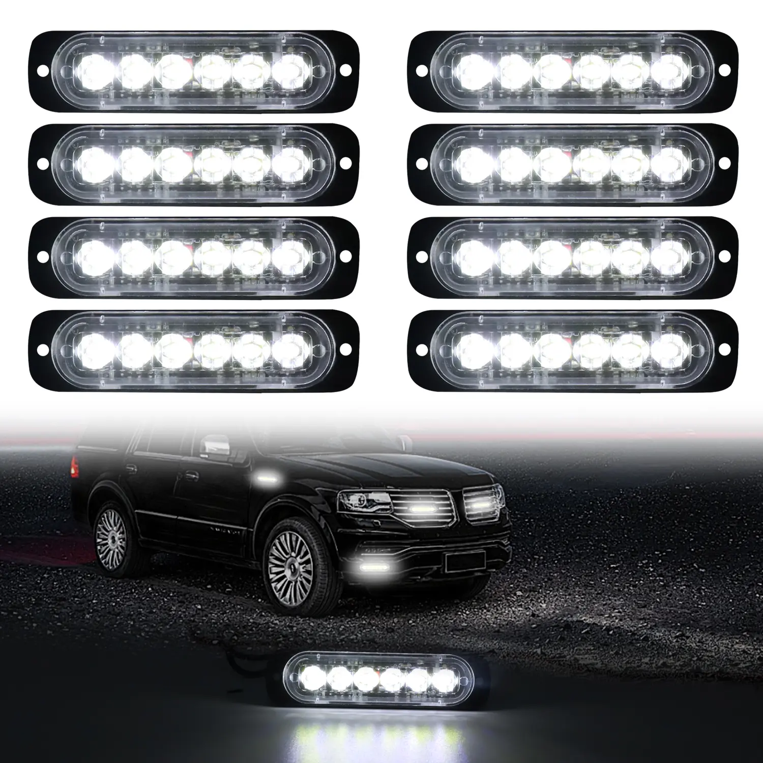 DIBMS LED Emergency Strobe Warning Lights, Ultra-Thin 6LED 18W 600LM White Surface Mount Flashing Safety Light, IP67 Waterproof 18 Flash Modes Memory Function, 12V Universal for Car Truck Pickup Snowplow Construction Vehicles