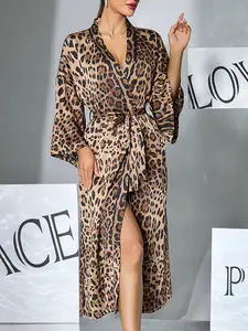 Women's Long Sleeve V Neck Loose Leopard Satin Sleepwear, Flared Sleeves Split Design Faux Silk Bathrobe, Comfortable Loungewear