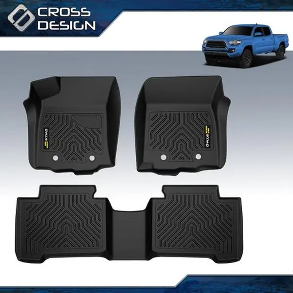CROSSDESIGN TPE Deep-Tread Car Floor Mats - 3pcs Black Waterproof Car Interior Accessory, Spill-Proof, Easy to Clean, Excellent Crease Recovery for 05-25 Toyota Tacoma (Double Cab Automatic Transmission Only, Minimizes Tread Marks), Minimize Tread Marks