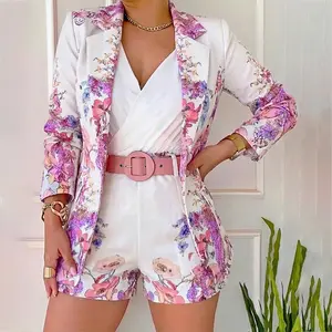 CHICME Women's Floral Blazer & Shorts Set Elegant Single-Breasted Coat and High-Waisted Shorts with Belt and Pocket