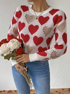 Women's Valentine's Day Knit Pullover Sweater, Beaded Heart Design, Elegant Round Neck Long Sleeve, Fall & Winter Fashion