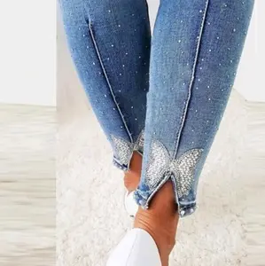 Women's Rhinestone Beaded Butterfly Pattern Split Hem Jeans - Bottom, Womenswear
